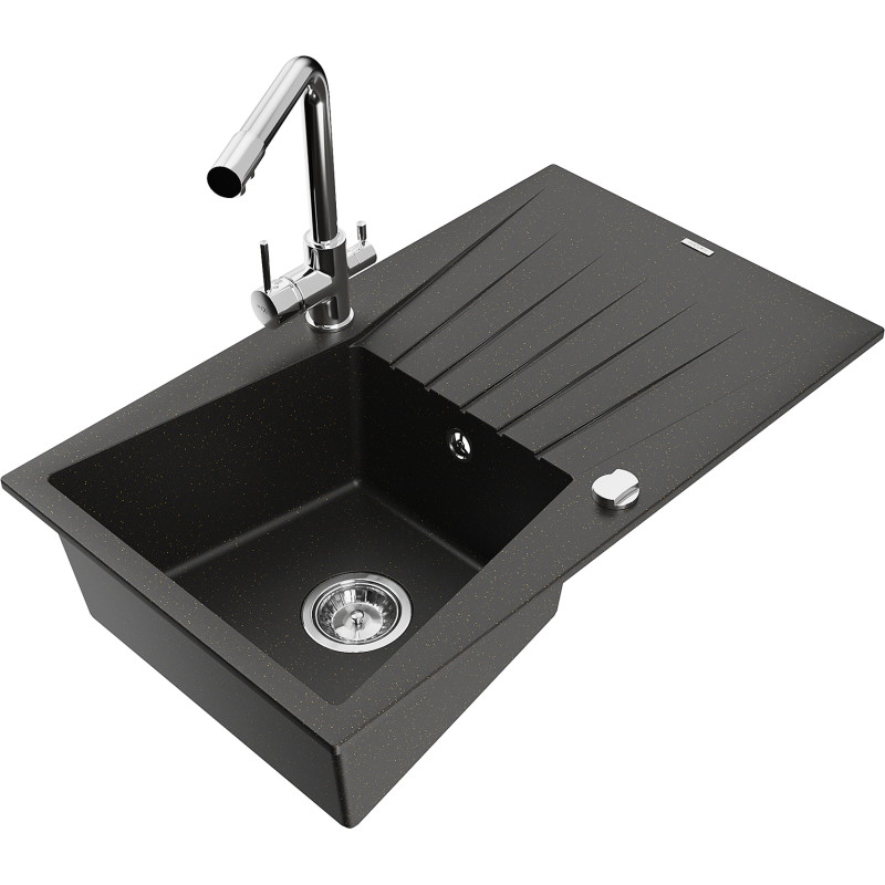 Mexen Cesar granite sink 1-bowl with drainer and kitchen faucet Duero, black/gold metallic - 6514-75-671600-00