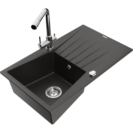 Mexen Cesar 1-compartment granite sink with a drip tray and kitchen mixer tap Duero, Black/Gold metallic - 6514-75-671600-00