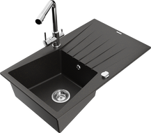 Mexen Cesar granite sink 1-bowl with drainer and kitchen faucet Duero, black/gold metallic - 6514-75-671600-00