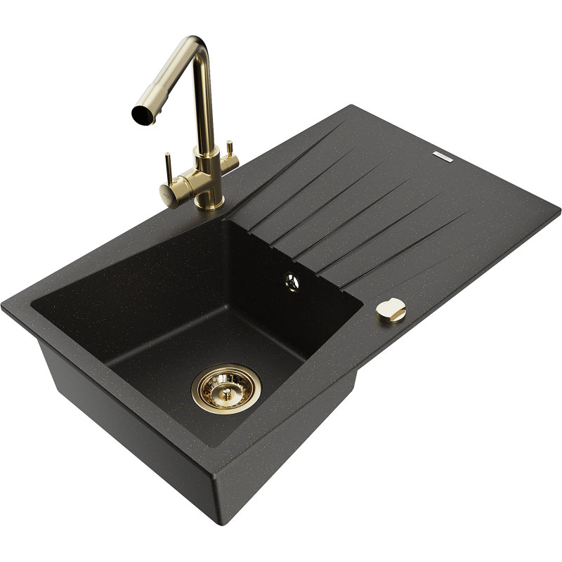 Mexen Cesar 1-compartment granite sink with a drip tray and kitchen mixer tap Duero, Black/Gold metallic - 6514-75-671600-50