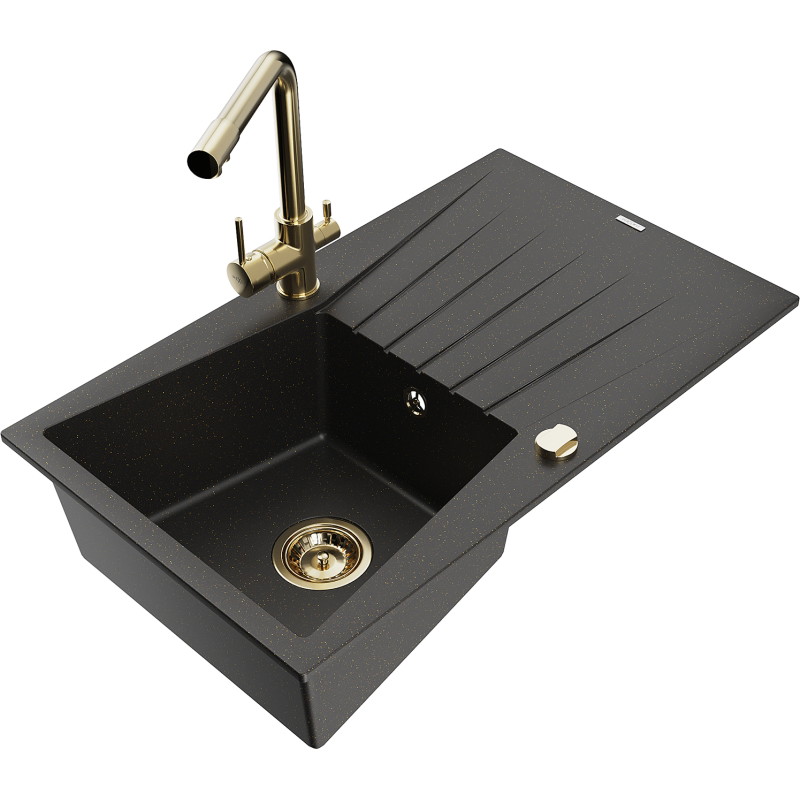 Mexen Cesar granite kitchen sink 1-bowl with drainer and Duero kitchen faucet, black/gold metallic - 6514-75-671600-50
