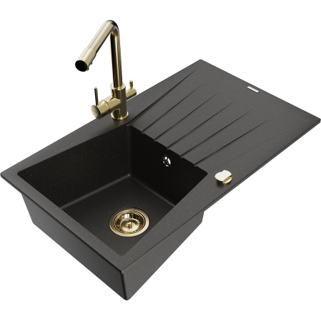 Mexen Cesar granite kitchen sink with 1 bowl, drainer, and Duero faucet, black/gold metallic - 6514-75-671600-50