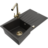 Mexen Cesar granite kitchen sink 1-bowl with drainer and Duero kitchen faucet, black/gold metallic - 6514-75-671600-50