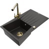 Mexen Cesar granite kitchen sink with 1 bowl, drainer, and Duero faucet, black/gold metallic - 6514-75-671600-50