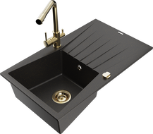 Mexen Cesar granite kitchen sink with 1 bowl, drainer, and Duero faucet, black/gold metallic - 6514-75-671600-50
