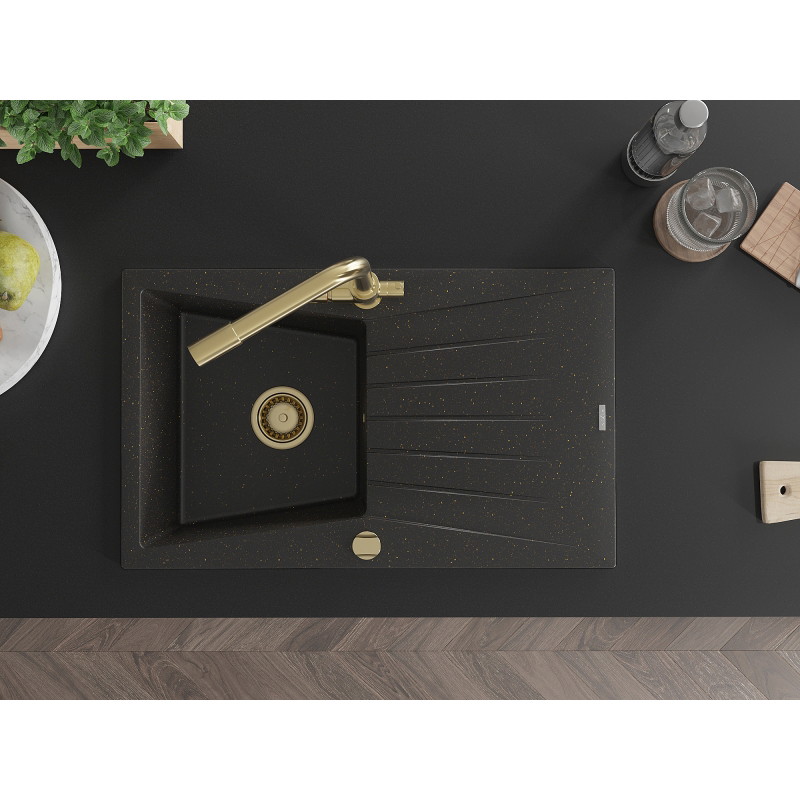 Mexen Cesar granite kitchen sink 1-bowl with drainer and Duero kitchen faucet, black/gold metallic - 6514-75-671600-50