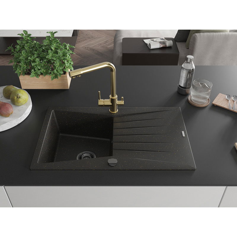 Mexen Cesar 1-bowl granite sink with drainer and Duero kitchen tap, black/gold metallic - 6514-75-671600-50-B