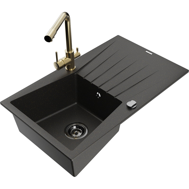 Mexen Cesar 1-Bowl Granite Sink with Drainer and Kitchen Faucet Duero, Black/Gold Metallic - 6514-75-671600-50-B