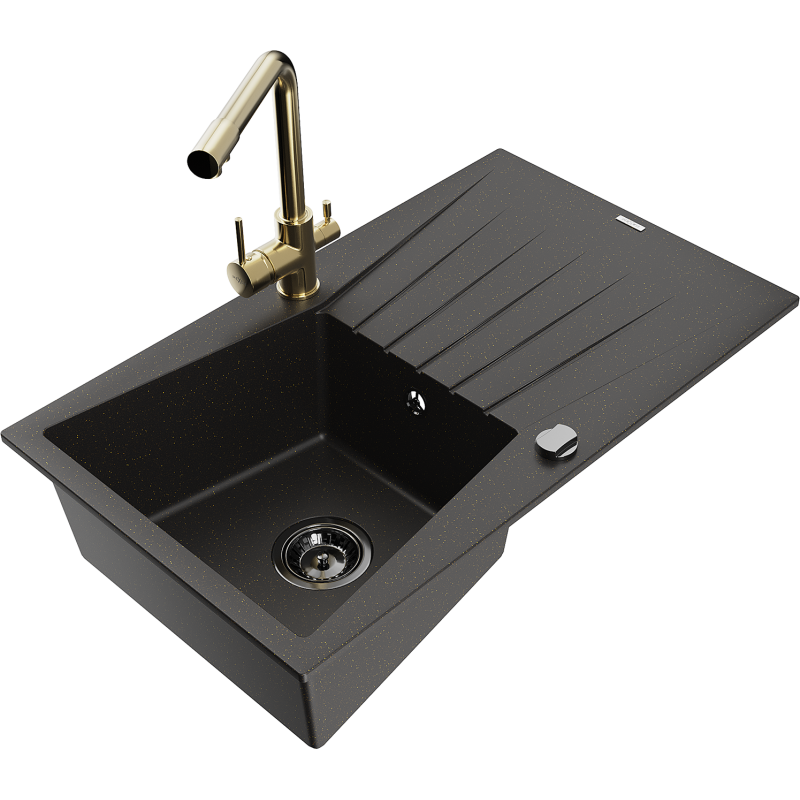 Mexen Cesar 1-compartment granite sink with a drip tray and kitchen mixer tap Duero, Black/Gold metallic - 6514-75-671600-50-B