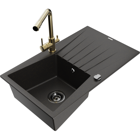 Mexen Cesar 1-bowl granite sink with drainer and Duero kitchen faucet, black/golden metallic - 6514-75-671600-50-B