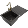 Mexen Cesar 1-bowl granite sink with drainer and Duero kitchen faucet, black/golden metallic - 6514-75-671600-50-B