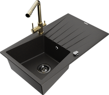 Mexen Cesar 1-bowl granite sink with drainer and Duero kitchen faucet, black/golden metallic - 6514-75-671600-50-B