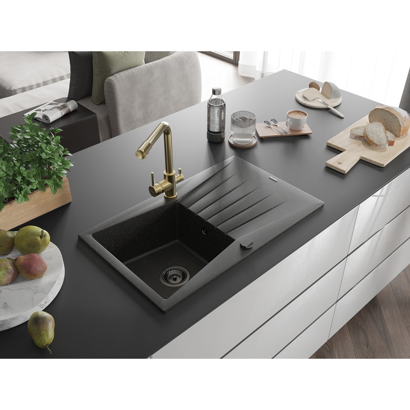Mexen Cesar 1-Bowl Granite Sink with Drainer and Kitchen Faucet Duero, Black/Gold Metallic - 6514-75-671600-50-B