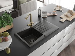 Mexen Cesar 1-compartment granite sink with a drip tray and kitchen mixer tap Duero, Black/Gold metallic - 6514-75-671600-50-B