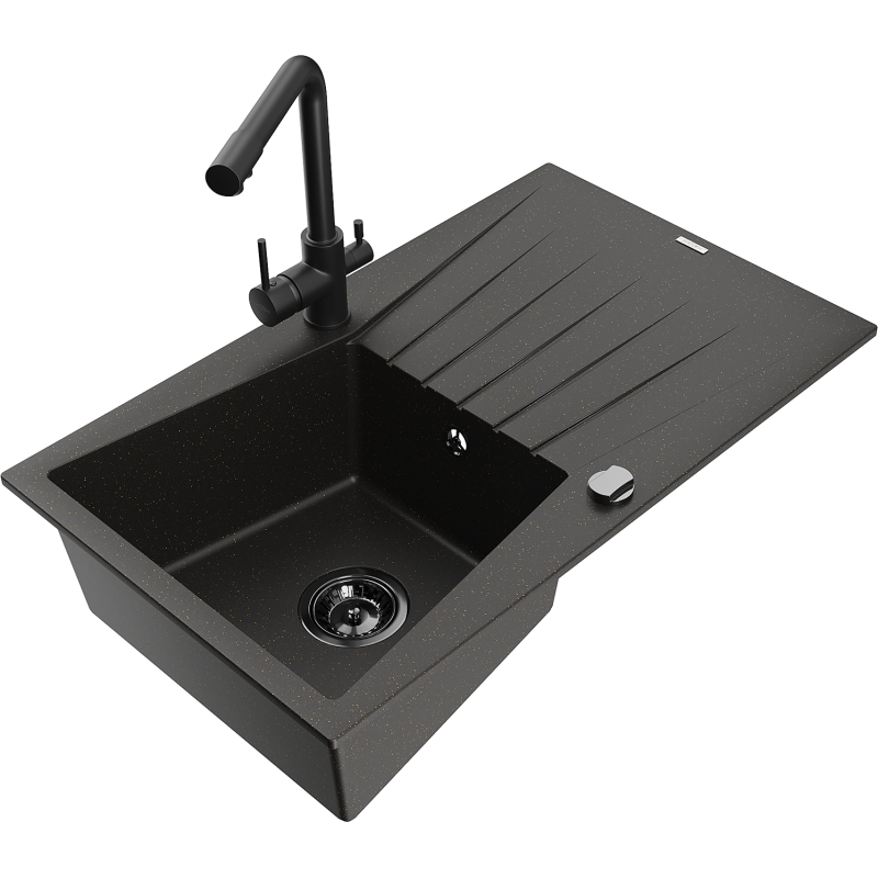 Mexen Cesar 1-compartment granite sink with a drip tray and kitchen mixer tap Duero, Black/Gold metallic - 6514-75-671600-70-B