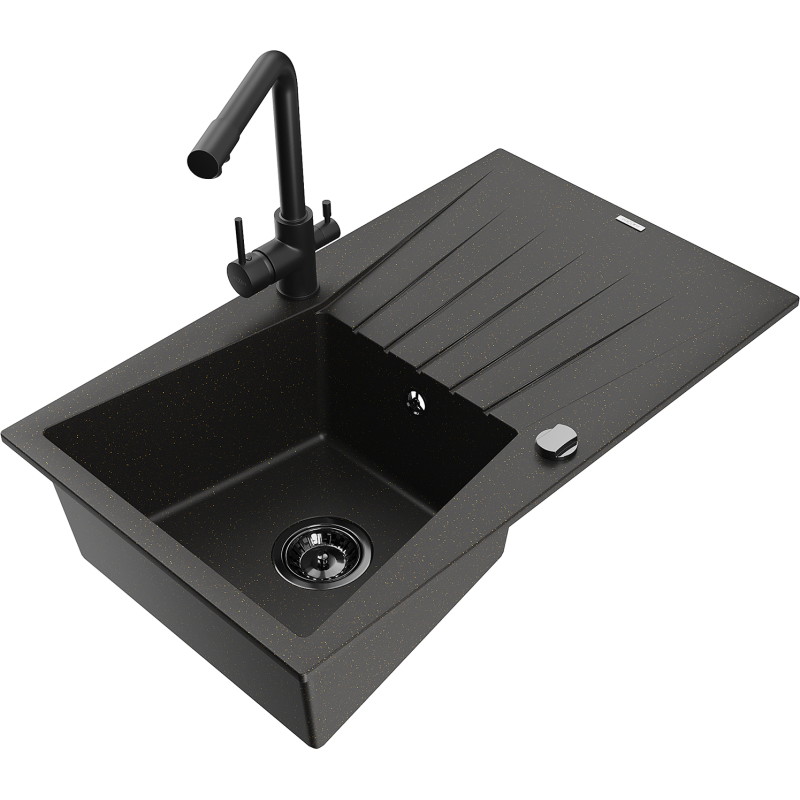 Mexen Cesar granite kitchen sink 1-bowl with drainer and kitchen faucet Duero, black/gold metallic - 6514-75-671600-70-B