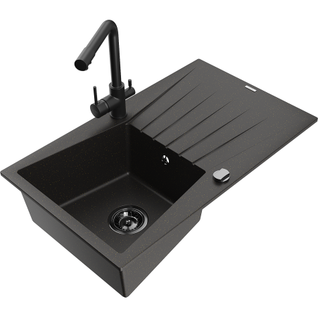 Mexen Cesar 1-bowl granite sink with drainer and Duero kitchen tap, black/gold metallic - 6514-75-671600-70-B