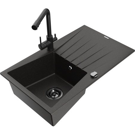 Mexen Cesar 1-compartment granite sink with a drip tray and kitchen mixer tap Duero, Black/Gold metallic - 6514-75-671600-70-B