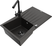Mexen Cesar granite kitchen sink 1-bowl with drainer and kitchen faucet Duero, black/gold metallic - 6514-75-671600-70-B
