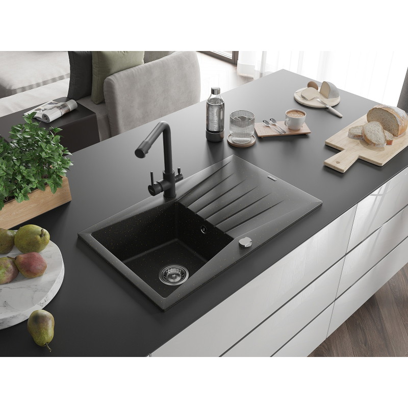 Mexen Cesar 1-bowl granite kitchen sink with drainer and Duero kitchen faucet, black/gold metallic - 6514-75-671600-70