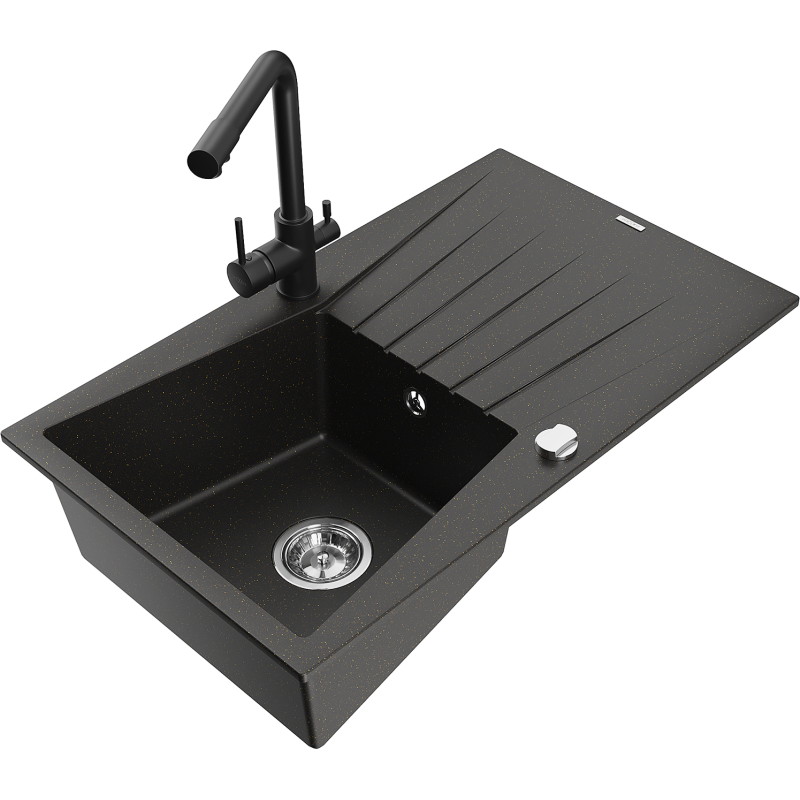 Mexen Cesar 1-bowl granite kitchen sink with drainer and Duero kitchen faucet, black/gold metallic - 6514-75-671600-70