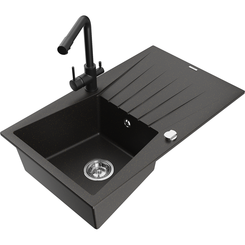 Mexen Cesar 1-compartment granite sink with a drip tray and kitchen mixer tap Duero, Black/Gold metallic - 6514-75-671600-70