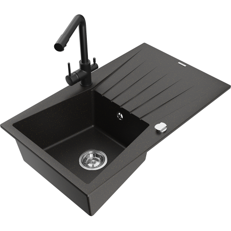 Mexen Cesar 1-bowl granite sink with drainer and Duero kitchen faucet, black/gold metallic - 6514-75-671600-70