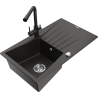 Mexen Cesar 1-bowl granite sink with drainer and Duero kitchen faucet, black/gold metallic - 6514-75-671600-70