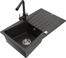 Mexen Cesar 1-bowl granite sink with drainer and Duero kitchen faucet, black/gold metallic - 6514-75-671600-70