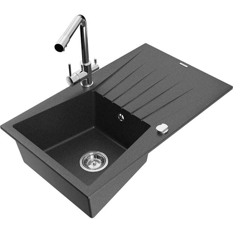 Mexen Cesar granite sink 1-bowl with drainer and Duero kitchen tap, black speckled - 6514-76-671600-00