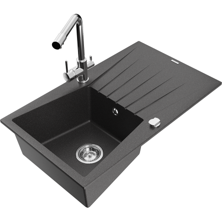 Mexen Cesar granite sink 1-bowl with drainer and Duero kitchen tap, black speckled - 6514-76-671600-00
