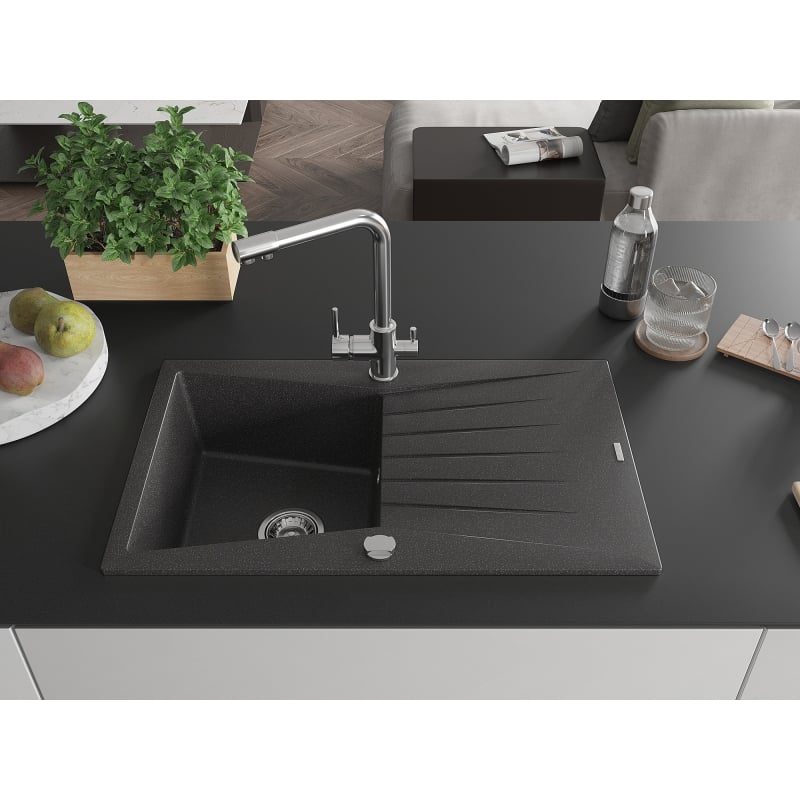 Mexen Cesar granite sink 1-bowl with drainer and Duero kitchen faucet, speckled black - 6514-76-671600-00