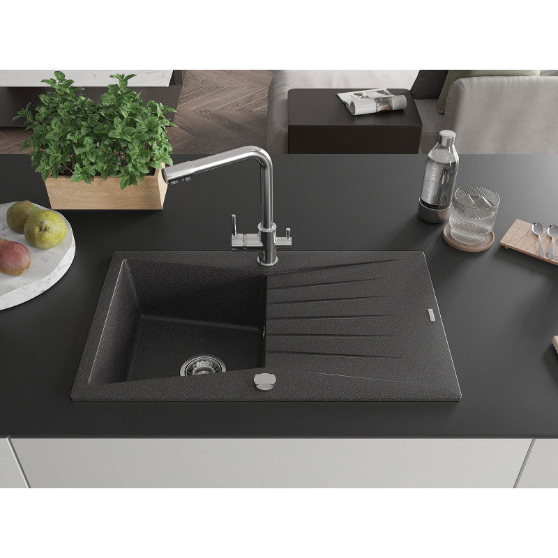 Mexen Cesar granite sink 1-bowl with drainer and Duero kitchen tap, black speckled - 6514-76-671600-00