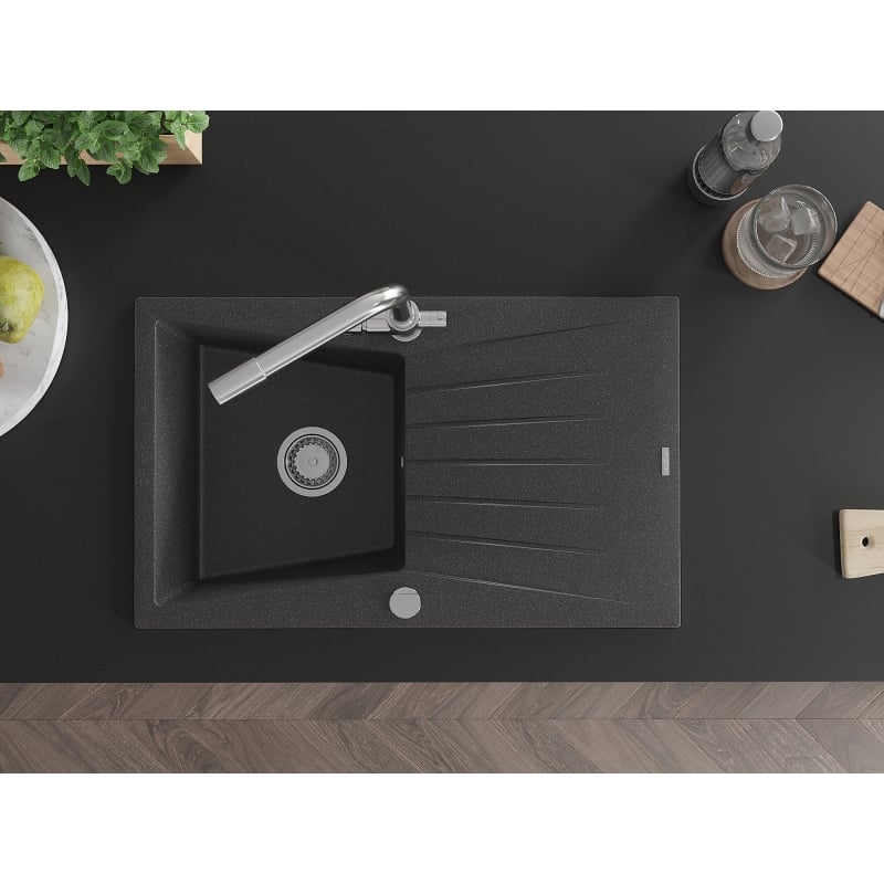 Mexen Cesar granite sink 1-bowl with drainer and Duero kitchen faucet, speckled black - 6514-76-671600-00