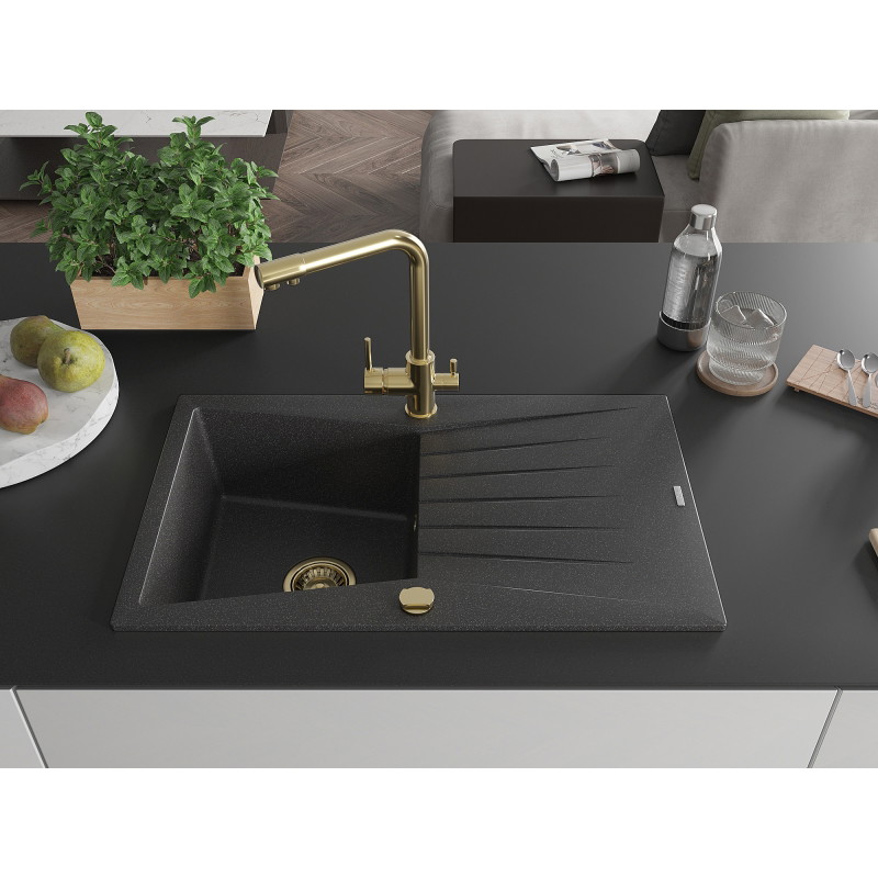 Mexen Cesar granite kitchen sink 1-bowl with drainer and Duero kitchen faucet, black speckled - 6514-76-671600-50