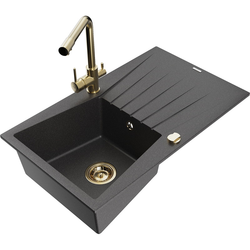 Mexen Cesar 1-bowl granite sink with drainer and kitchen faucet Duero, black speckled - 6514-76-671600-50