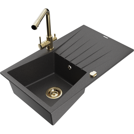 Mexen Cesar 1-bowl granite sink with drainer and kitchen faucet Duero, black speckled - 6514-76-671600-50
