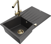 Mexen Cesar 1-bowl granite sink with drainer and kitchen faucet Duero, black speckled - 6514-76-671600-50