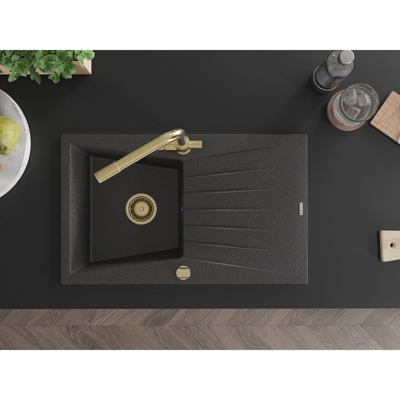 Mexen Cesar granite kitchen sink 1-bowl with drainer and Duero kitchen faucet, black speckled - 6514-76-671600-50