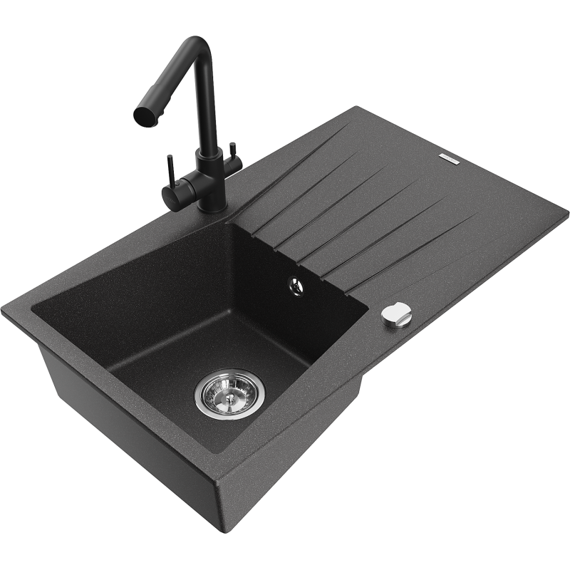 Mexen Cesar 1-compartment granite sink with a drip tray and kitchen mixer tap Duero, spotted black - 6514-76-671600-70