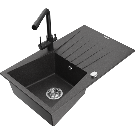 Mexen Cesar granite sink single-bowl with drainer and Duero kitchen faucet, speckled black - 6514-76-671600-70
