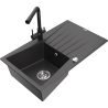Mexen Cesar granite sink single-bowl with drainer and Duero kitchen faucet, speckled black - 6514-76-671600-70