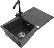 Mexen Cesar granite kitchen sink 1-bowl with drainer and Duero kitchen faucet, black speckled - 6514-76-671600-70