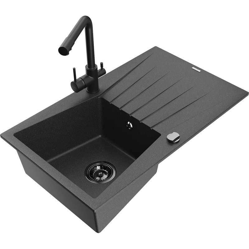Mexen Cesar granite sink 1-bowl with drainer and Duero kitchen faucet, speckled black - 6514-76-671600-70-B