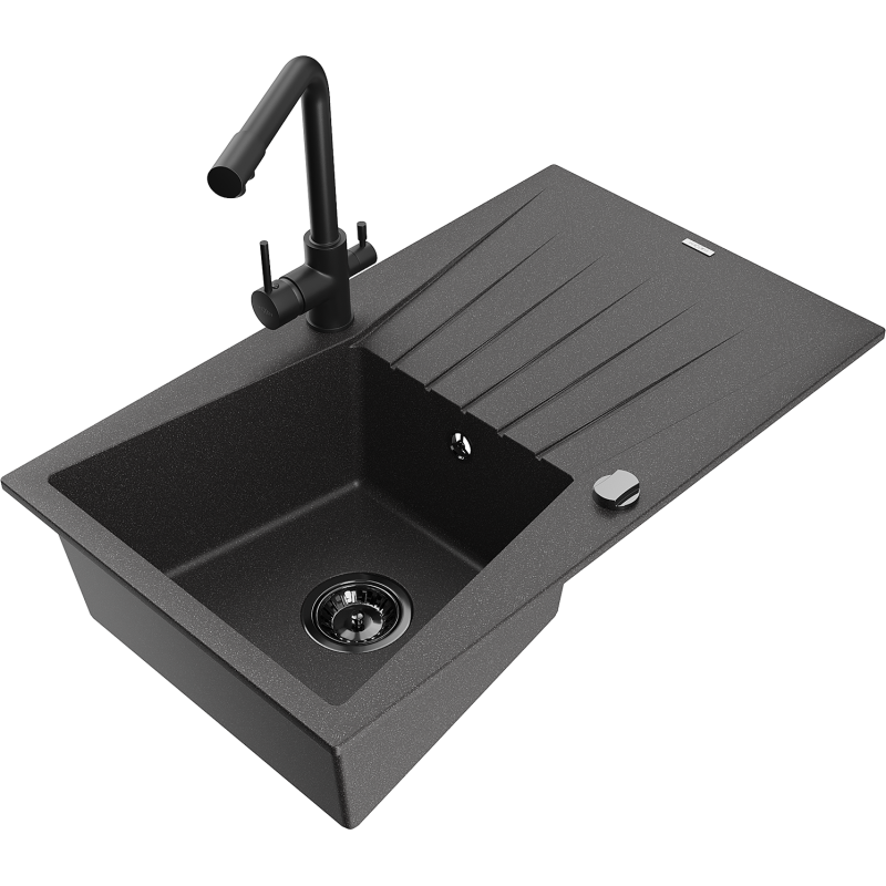 Mexen Cesar granite sink 1-bowl with drainer and Duero kitchen tap, black speckled - 6514-76-671600-70-B