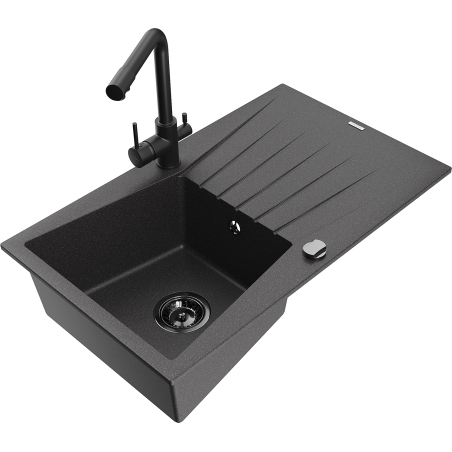 Mexen Cesar granite sink 1-bowl with drainer and Duero kitchen faucet, speckled black - 6514-76-671600-70-B