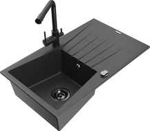 Mexen Cesar 1-bowl granite sink with drainer and Duero kitchen faucet, black speckled - 6514-76-671600-70-B