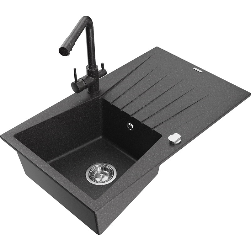 Mexen Cesar granite sink 1-bowl with drainer and Duero kitchen faucet, black speckled - 6514-76-671600-76