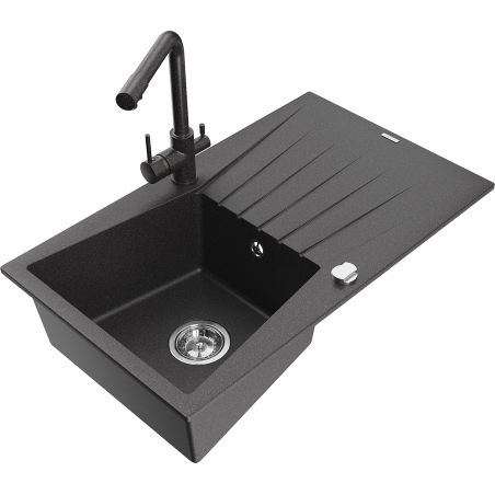 Mexen Cesar granite sink 1-bowl with drainer and Duero kitchen faucet, black speckled - 6514-76-671600-76