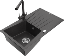Mexen Cesar 1-chamber granite sink with drainer and Duero kitchen faucet, black speckled - 6514-76-671600-76